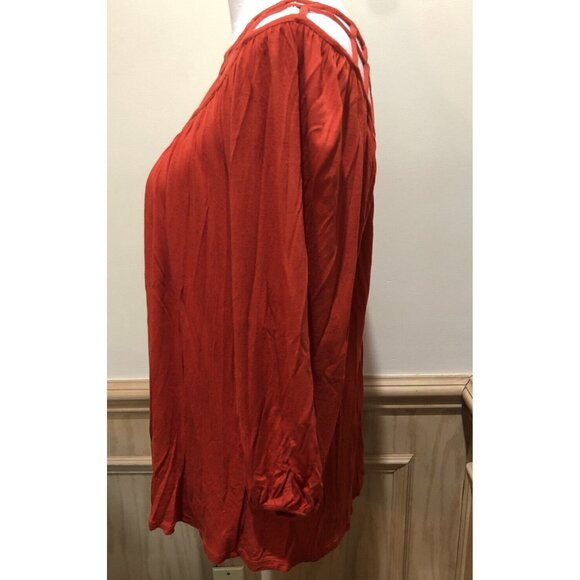 Last April ~ 3/4 Length Sleeve Top with Decorative Neck  ~ Size SMALL ~ Orange - Picture 3 of 7